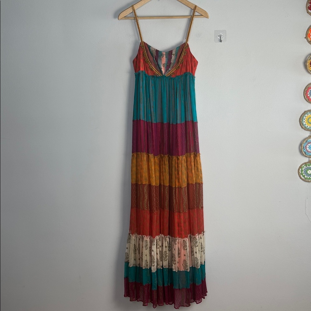 Free People Gilded Caravan Tiered Maxi Dress Size 4 Bohemian Velvet Straps Rare - Picture 2 of 16